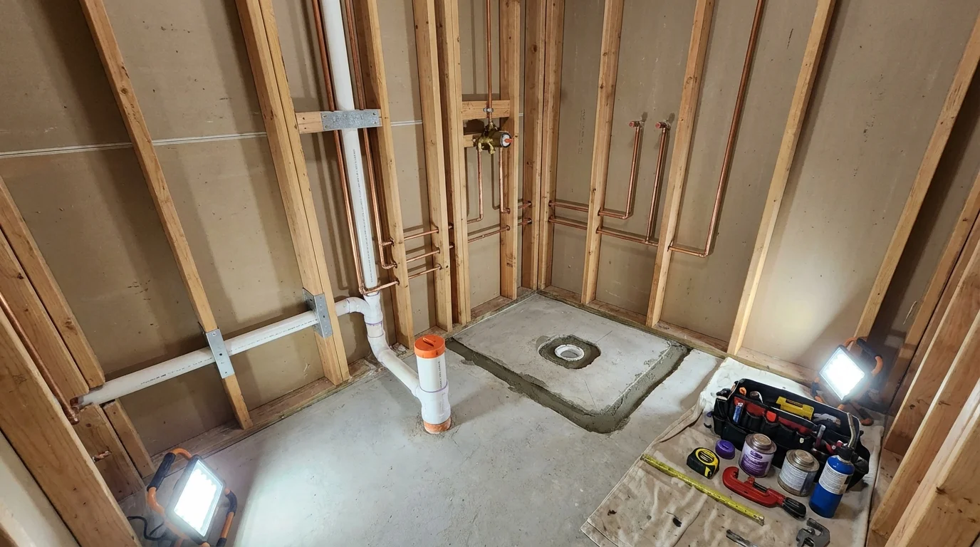 Bathroom rough-in plumbing during remodel by Johns Plumbing LLC in Gallipolis