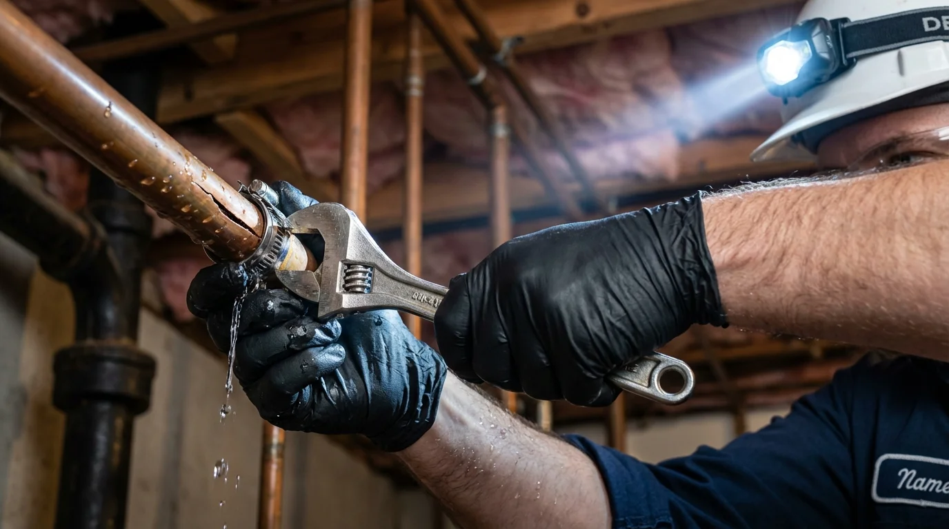 Emergency pipe clamp repair being performed by a Johns Plumbing LLC plumber in Gallipolis