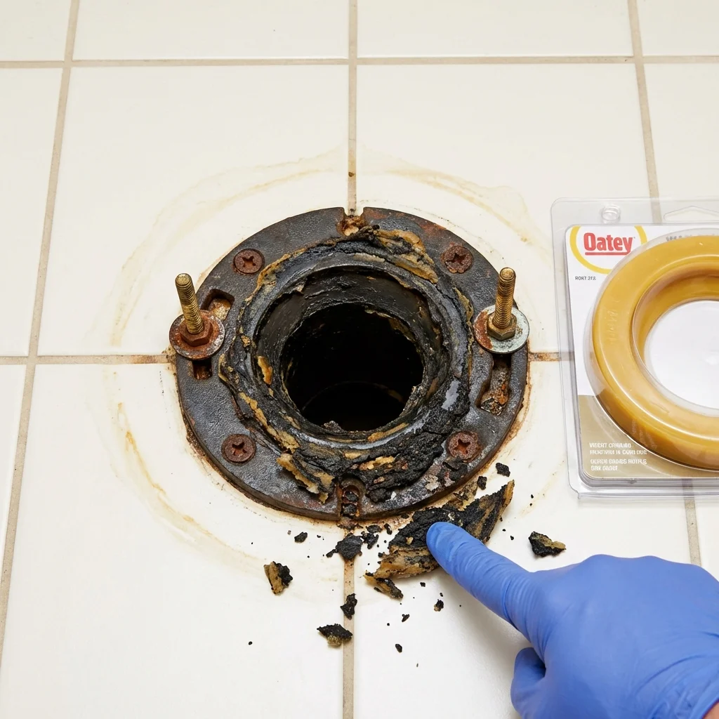 Failed wax ring showing water seepage at the base of a toilet in a Gallipolis, OH home
